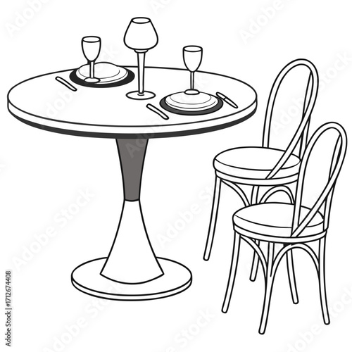 Elegant round table with two chairs, set for a romantic dinner, complete with plates, glasses, and a lamp, creating a cozy and intimate atmosphere