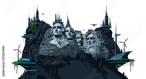 A reimagined Mount Rushmore blends history with a futuristic vision. Find inspiration in this landscape where iconic monuments meet sustainable technology.