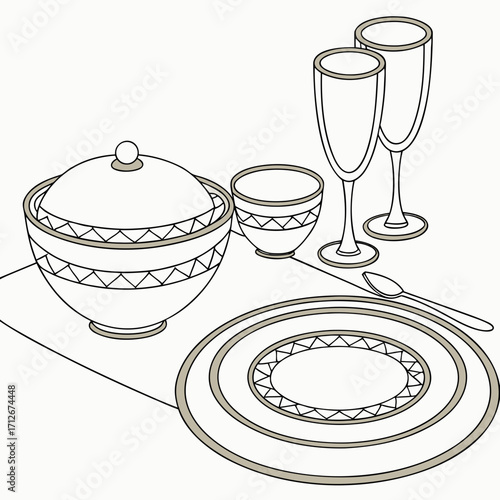 Illustration of a table setting with a bowl, plate, and glasses, , ideal for culinary themes, restaurant promotions, or foodrelated designs