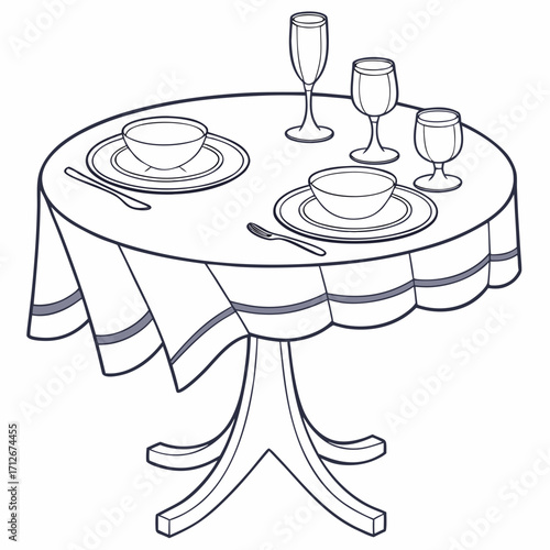 Illustration of a table setting with bowls, plates, and glasses, , perfect for restaurant menus, culinary blogs, or diningthemed designs