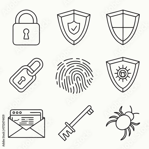 Collection of security icons illustration of a padlock, shield, fingerprint, key, bug, and email, all in outline style for security concept