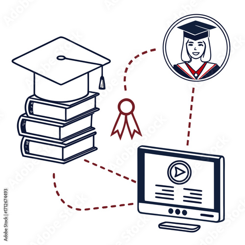 Online education concept illustration of a stack of books, graduation cap, student avatar, monitor, and award badge, all connected by lines