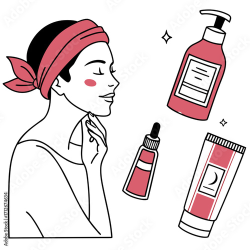 Woman enjoying skincare routine, surrounded by lotion, cream, and serum, emphasizing selfcare and beauty in a clean, minimalist style