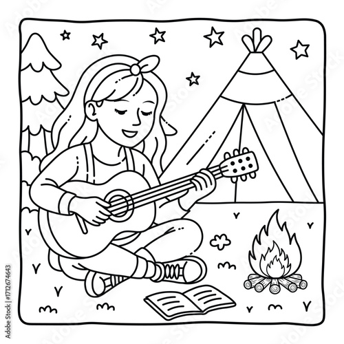 Girl Playing Guitar by Campfire Coloring Page | Outdoor Camping Hand-Drawn Art