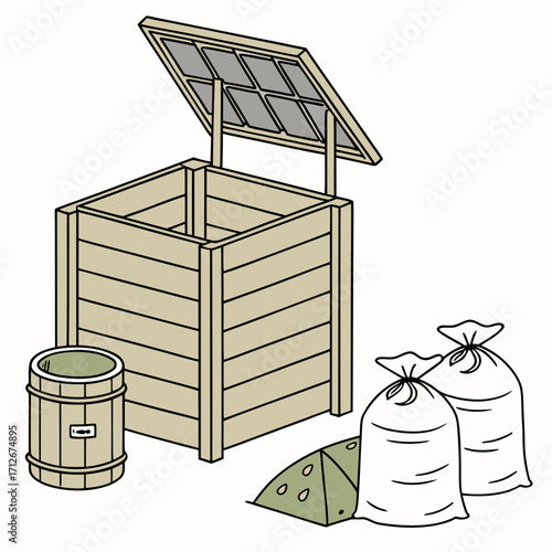 Illustration of a compost bin with an open lid, a barrel, two bags, and a triangular compost starter, promoting sustainable waste management