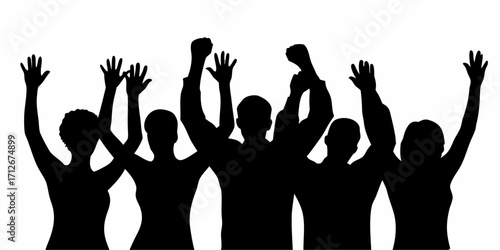 Silhouette crowd cheering, celebrating victory, or showing support, raising arms in excitement and unity