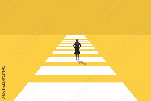 Business woman follow a path for business opportunities. visionary leadership different business routes. Symbol of ambition, motivation and long road ahead