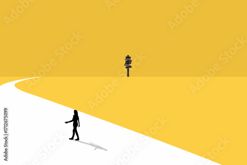 Business woman follow a path for business opportunities. visionary leadership different business routes. Symbol of ambition, motivation and long road ahead