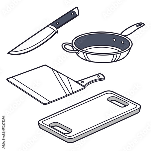 Illustration of a knife, frying pan, cleaver, and cutting board, , ideal for culinary themes, cooking guides, or kitchenware promotions