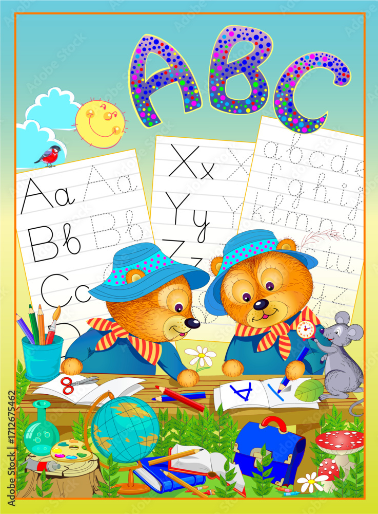 Naklejka premium Cover for children textbook. Illustration of cute bears learning to write letters in the forest. Back to school. Drawing for kids ABC book or educational supplies. Hand drawn vector.
