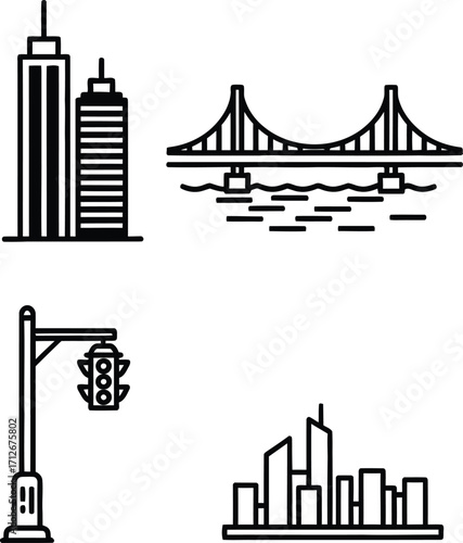 Cityscape and Urban Infrastructure Icons Set | Skyscrapers, Skyline, Bridge, Streetlight, Traffic Signal | Minimal Black Line Art Vector for Architecture and Modern City Design.