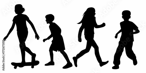 Active kids silhouettes skateboarding, running and walking, embodying childhood joy and carefree movement, vector