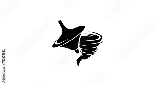 Black Silhouette Illustration of a Spinning Top Transforming into a Tornado.