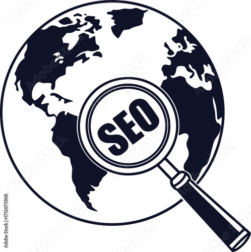 Global SEO Strategy for Worldwide Reach. Magnifying glass over a globe symbolizing search engine optimization and digital marketing analysis.