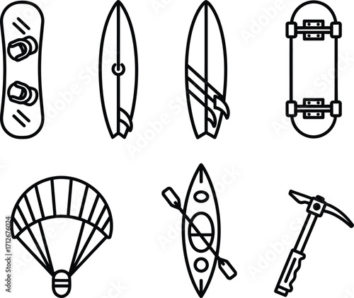 Extreme Sports Equipment Icons Set | Snowboard, Surfboard, Skateboard, Parachute, Kayak, Ice Axe | Minimal Black Line Art Vector for Adventure, Outdoor and Fitness Design.
