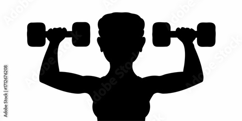 Strong woman silhouette lifting dumbbells, fitness motivation, powerful workout, health and wellness