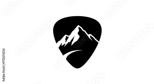 Mountain range with a winding road inside a guitar pick logo.