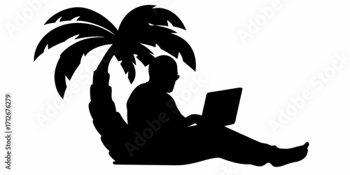 Remote work freedom silhouette shows person using laptop under a palm tree, capturing digital nomad lifestyle