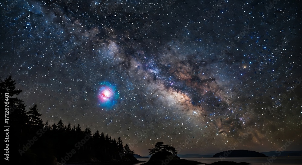 Fototapeta premium Majestic Milky Way Galaxy Over Silhouetted Trees.