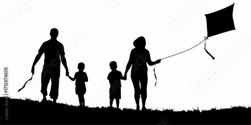 Silhouette family flying kite together embodying carefree joy and summer fun, ideal for lifestyle concepts
