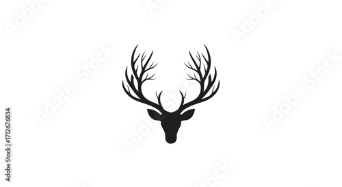 Minimalist black silhouette of a deer head with tree branch antlers.