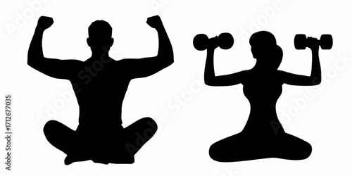 Empowered couple fitness silhouettes weightlifting and celebrating health goals together in vector style