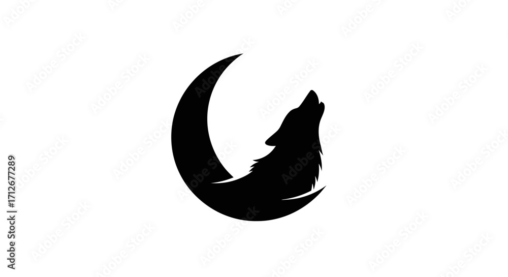 Obraz premium Black silhouette of a howling wolf and crescent moon against a white background.