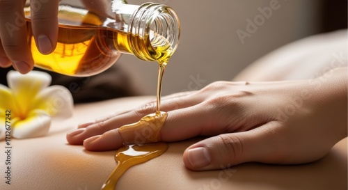 Pouring massage oil on womans back in spa for relaxation and wellness