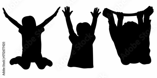 Kids silhouette having fun celebrating achievement, jumping, and hanging with arms raised in excitement