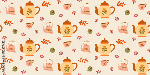 Autumn Seamless Pattern with Teapots, Coffee Pots, Honey, Floral, Acorns, Fall Leaves, More Illustration. Perfect for decor, wallpaper, fabric, textile, background
