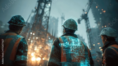 Team of construction workers observing advanced technology integration at industrial site with cranes and glowing data on hard hats in the background