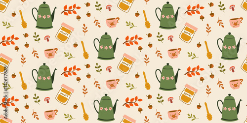 Autumn Seamless Pattern with Teapots, Coffee Pots, Honey, Floral, Acorns, Fall Leaves, More Illustration. Perfect for decor, wallpaper, fabric, textile, background