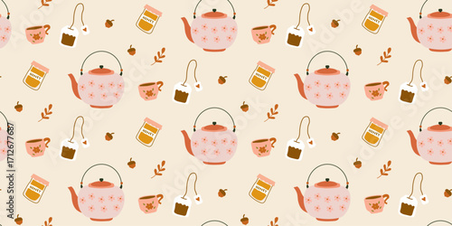 Autumn Seamless Pattern with Teapots, Coffee Pots, Honey, Floral, Acorns, Fall Leaves, More Illustration. Perfect for decor, wallpaper, fabric, textile, background