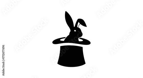 Black silhouette of a rabbit emerging from a magicians top hat.