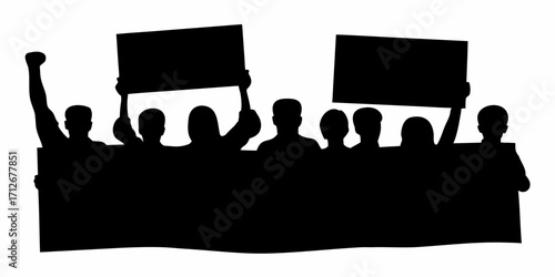 Powerful silhouette of people protesting with signs in a rally for change and social justice now