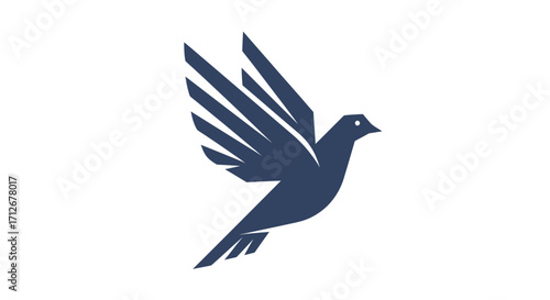 Stylized dark blue bird in flight with wings spread.