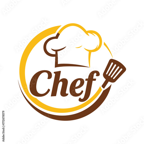 Culinary chef hat and spatula emblem with circles for food service branding