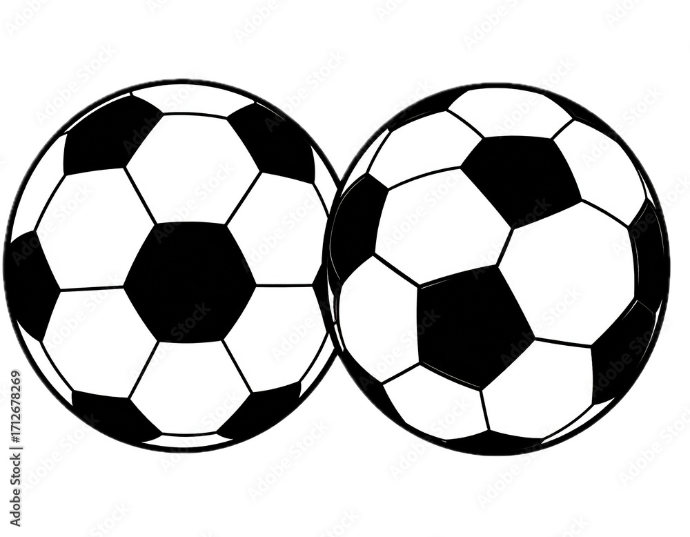 Fototapeta premium Two bold black and white soccer balls illustrating the popular sport silhouette