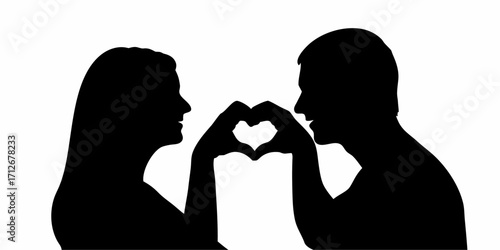 Romantic couple silhouette making heart shape with hands symbolizing love and commitment forever