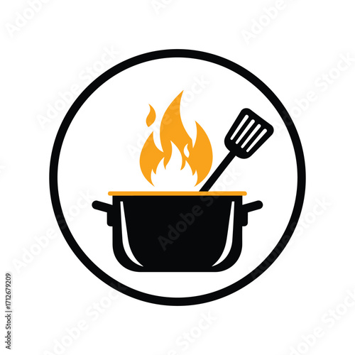 Simple icon of a pot with flames and spatula for cooking and grilling designs