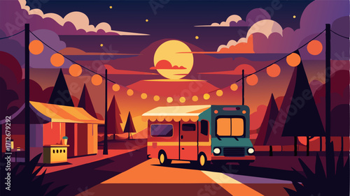 As the sun sets the street is illuminated by the glow of food truck lights adding to the lively and vibrant atmosphere of the festival.