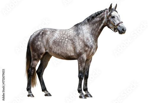 Isolated gray dappled horse with bridle standing calmly in profile view indoors, equine animal