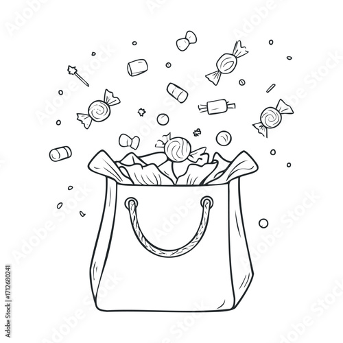 Candy explosion from a tote bag during festive celebration. Vector hand drawn illustration