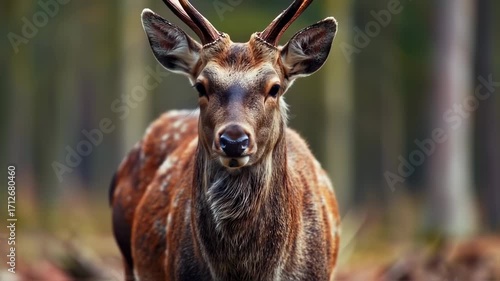 Majestic deer portrait in forest with wildlife nature background.