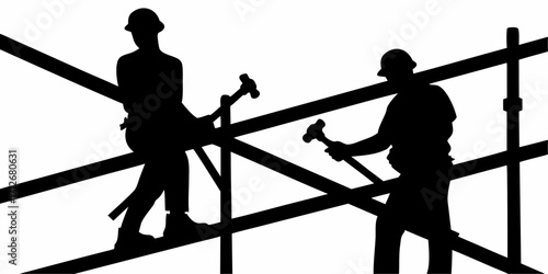 Construction workers silhouette building on scaffolding with hammers, industry and teamwork concept