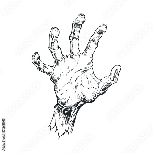 Gripping undead hand reaching from the ground for Halloween design. Vector hand drawn illustration