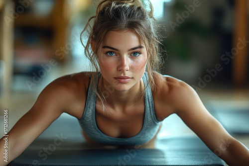 Woman doing push-ups on a mat.