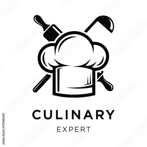 Minimalist culinary expert logo with chef hat rolling pin and ladle