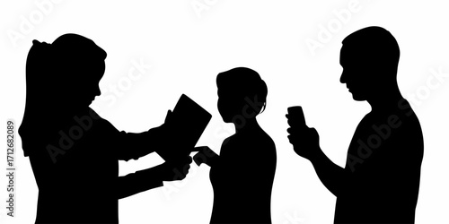 Teamwork and technology silhouette people collaborating with book and phone vector graphic