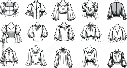 Women's Fashion Blouses Vector Set - Apparel Design and Technical Drawing Templates